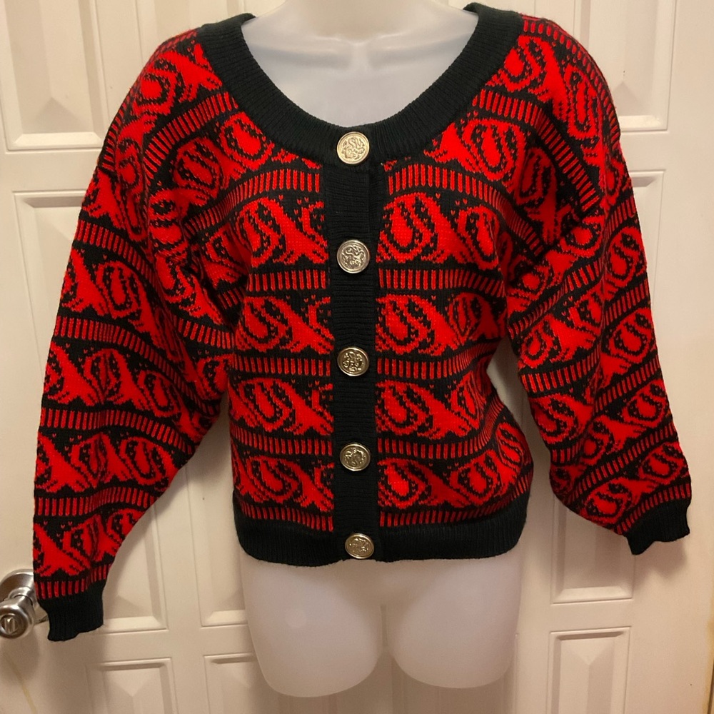 Knit Knit Cardigan Sweater black Gold Red Pattern Large School Vintage Retro